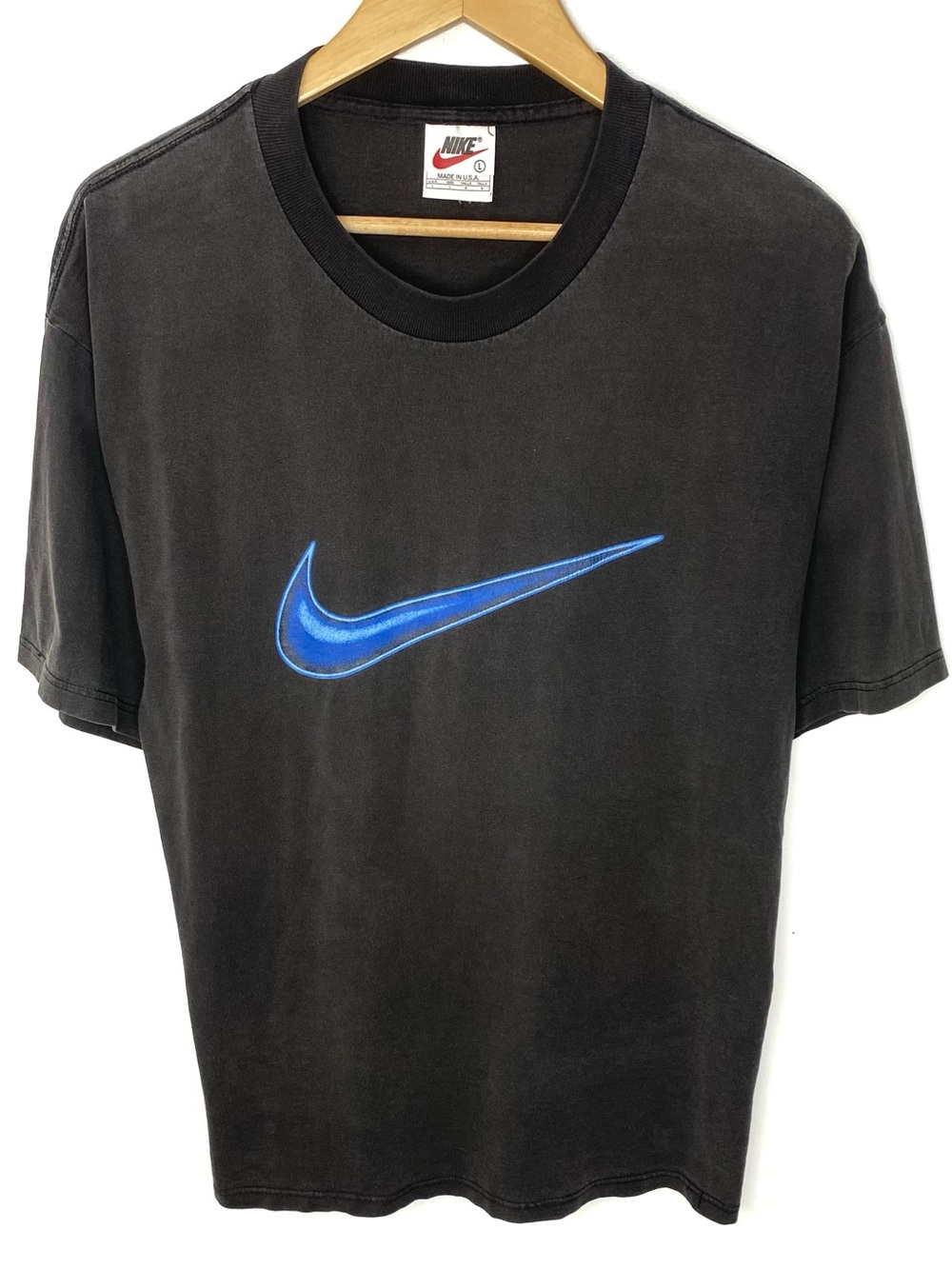 Vintage 90’s Nike Sportswear Faded Black Big Swoosh Logo T Shirt Made In USA L